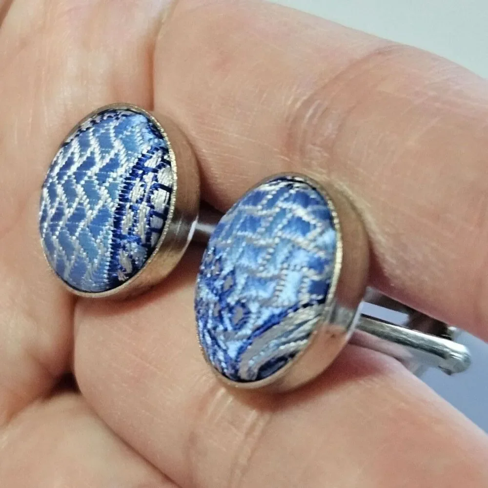 Silver Tone Blue And White Silky Fabric Round Cufflinks Vintage